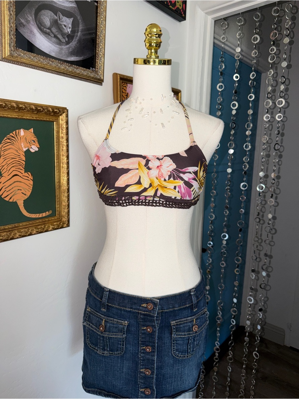 Y2K Floral Halter Bikini Top - Brown with Pink & Yellow Flowers